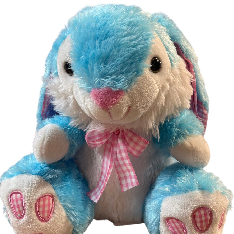 Irresistible 15" Lop Eared Blue/White Bunny with Pink Gingham Bow & Foot Pads EUC No Tag