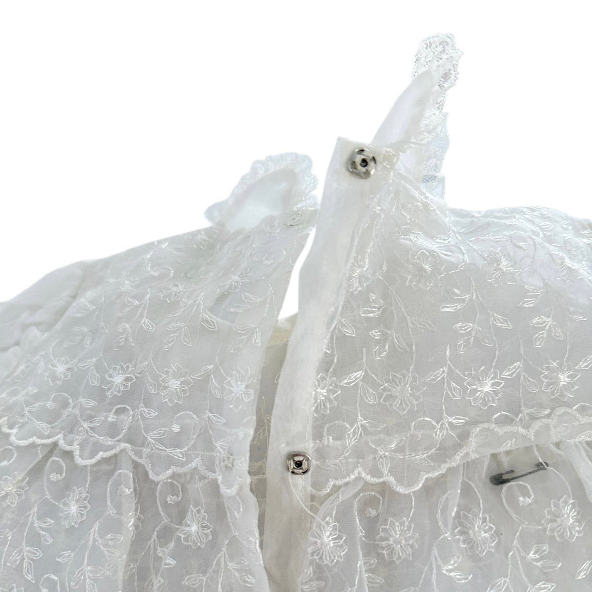Exquisite Vintage Sheer Lace Christening Gown, Lace Rimmed Tiers, Satin Ribbon & Vintage Snaps