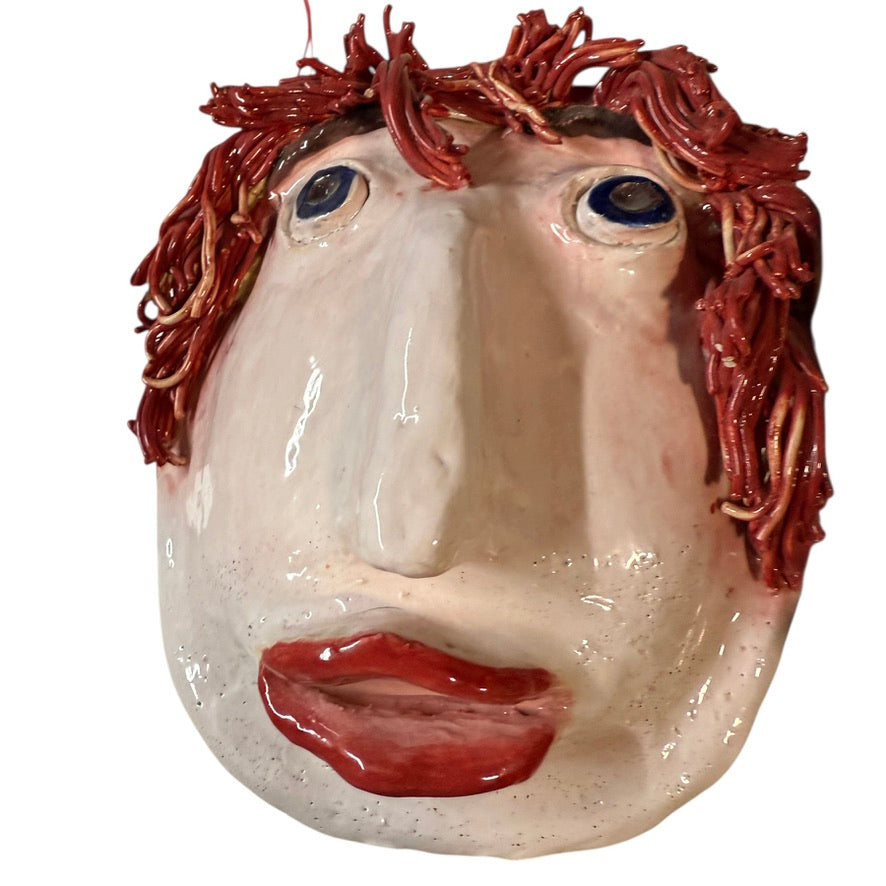 Delightful, One-of-a Kind Handmade Caricature Clay Mask with Red Spaghetti Hair, Artist Signed