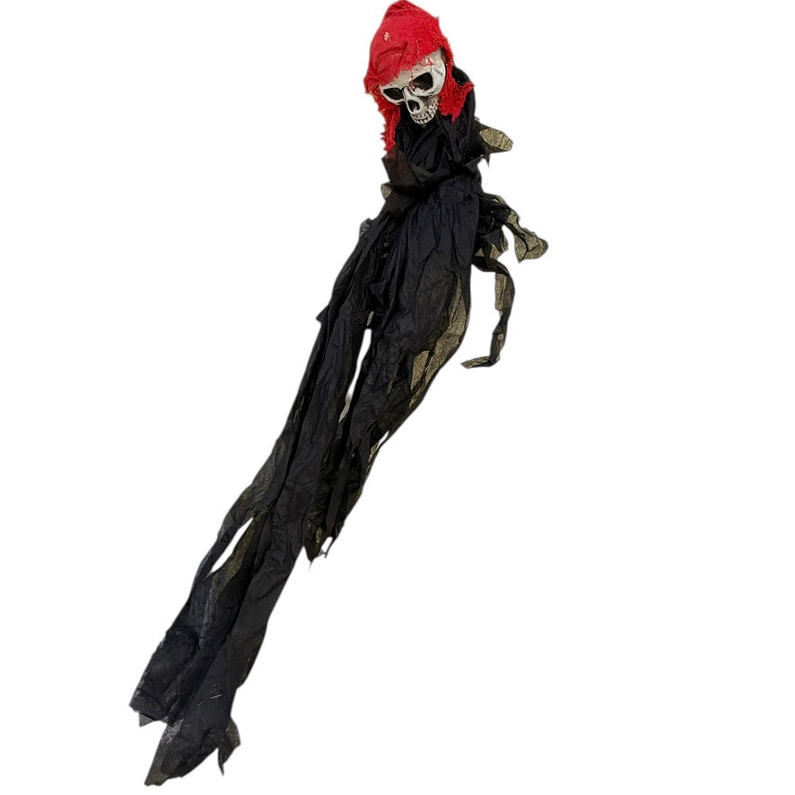 Grim Reaper Skeleton Hanging Indoor/Outdoor Halloween Decor, Black & Red Tatters