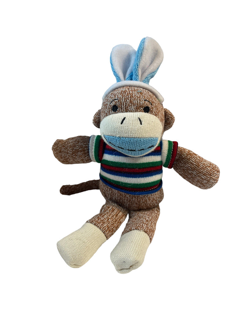 Two 13" Sock Monkeys iwith Easter Bunny Ears and Striped Sweaters EUC