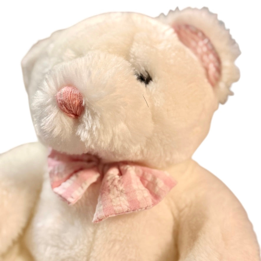 Vintage White Plush Seated Teddy Bear Rattle, Pink Seersucker Ears, Bow Tie & Feet in GVC