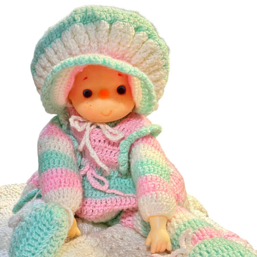 Hand Crocheted Vintage, 'Ice Cream Baby' 27" in Pastel Pink & Green, Blue Eyes, Pink Hair!