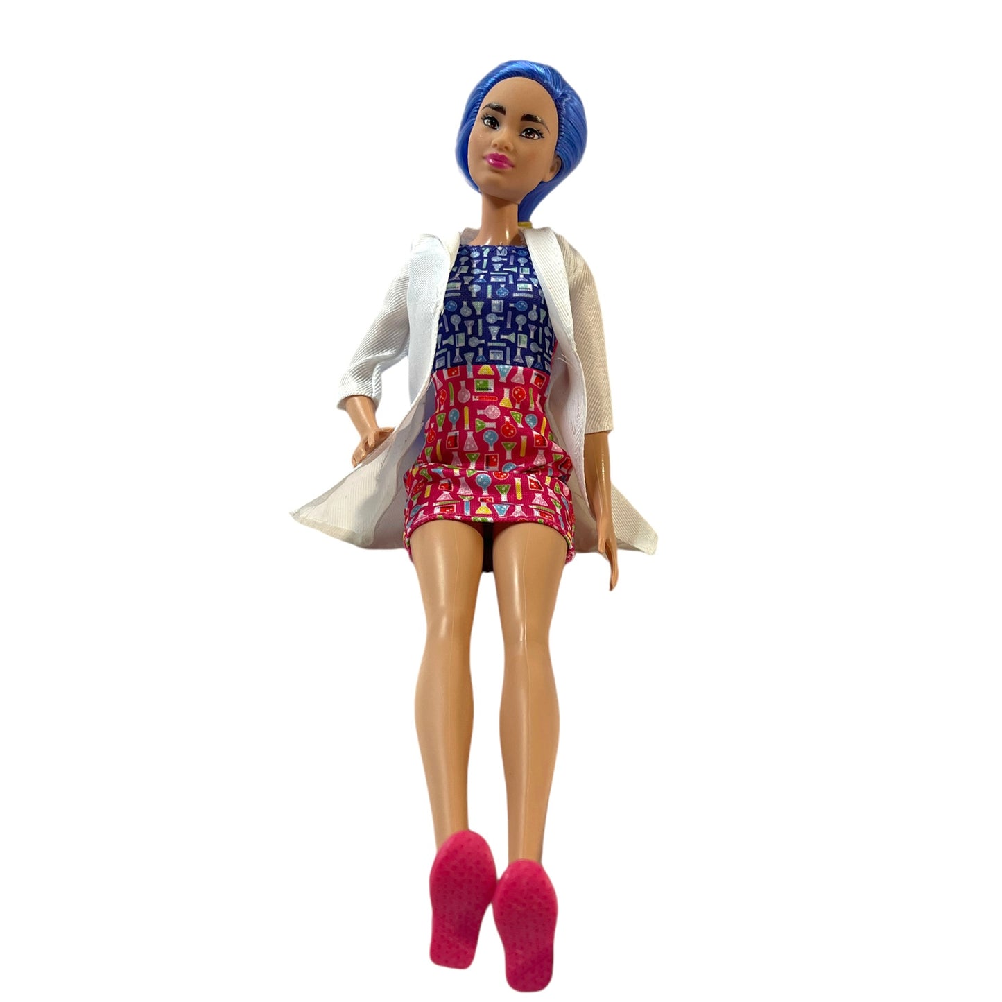 Barbie Scientist Doll, Blue Hair, Pink & Blue Print Dress, Matching Pink Flats and Lab Coat GUC Mattel