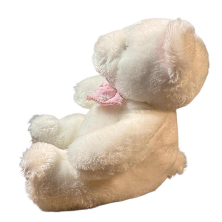 Vintage White Plush Seated Teddy Bear Rattle, Pink Seersucker Ears, Bow Tie & Feet in GVC