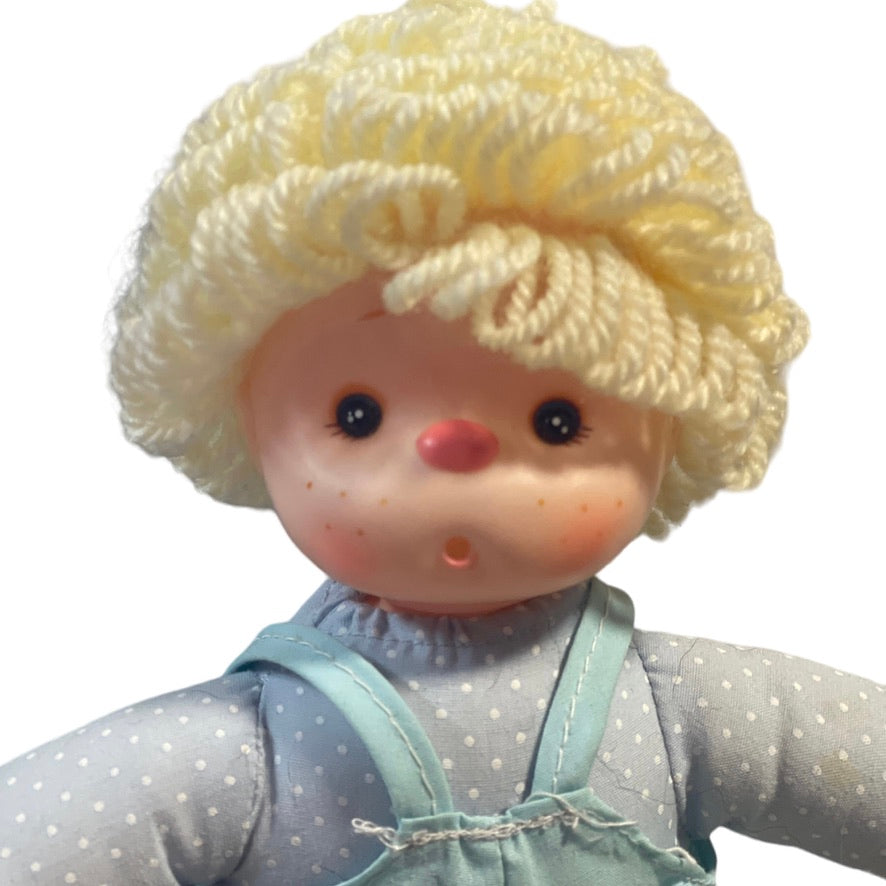Vintage Baby Club C&A 8" Doll, Sweet Vinyl Face, Cloth Body Yellow Yarn Hair Blue Romper