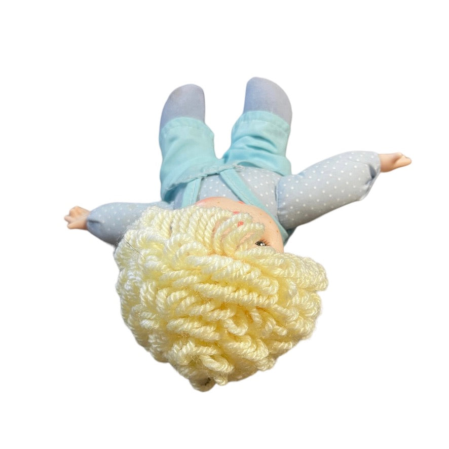 Vintage Baby Club C&A 8" Doll, Sweet Vinyl Face, Cloth Body Yellow Yarn Hair Blue Romper
