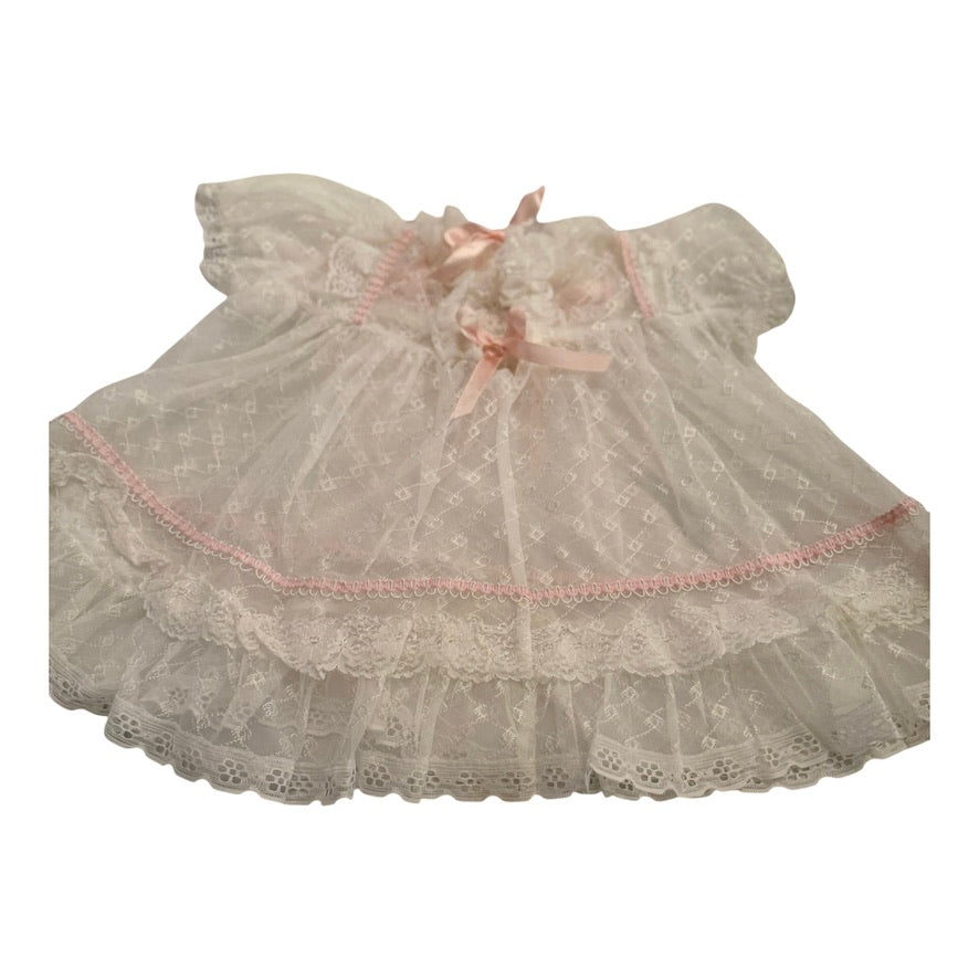 Dainty Vintage Sheer Lace Baby Dress with Pink Satin Ribbons Rosettes