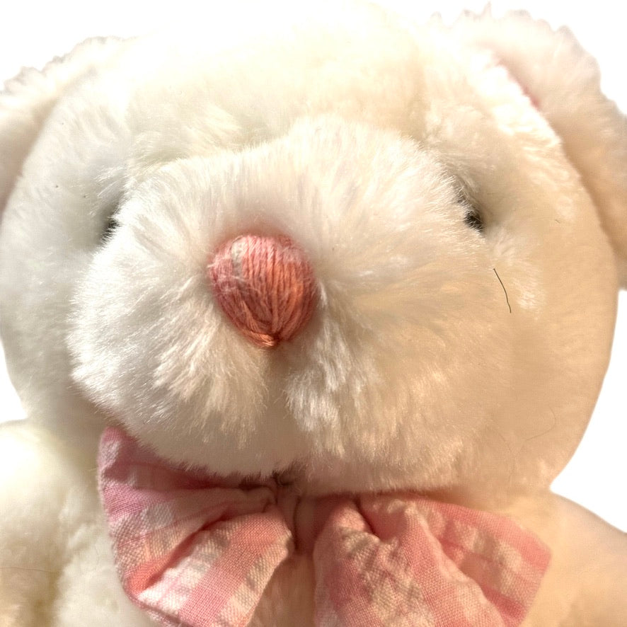 Vintage White Plush Seated Teddy Bear Rattle, Pink Seersucker Ears, Bow Tie & Feet in GVC