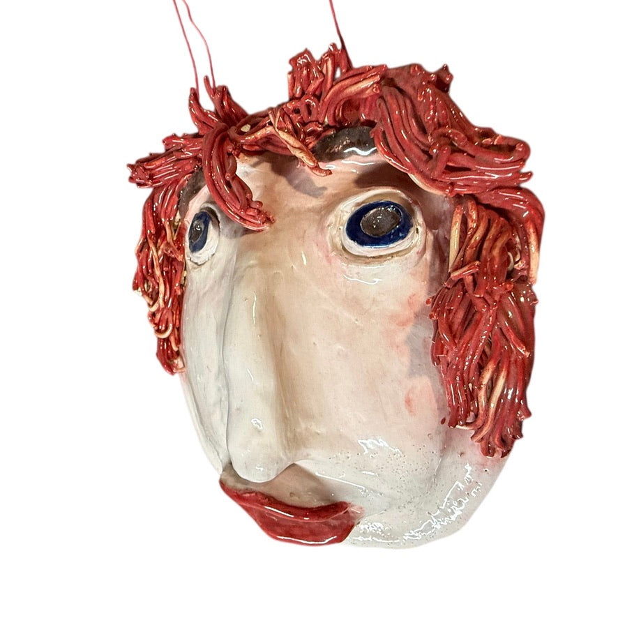 Delightful, One-of-a Kind Handmade Caricature Clay Mask with Red Spaghetti Hair, Artist Signed