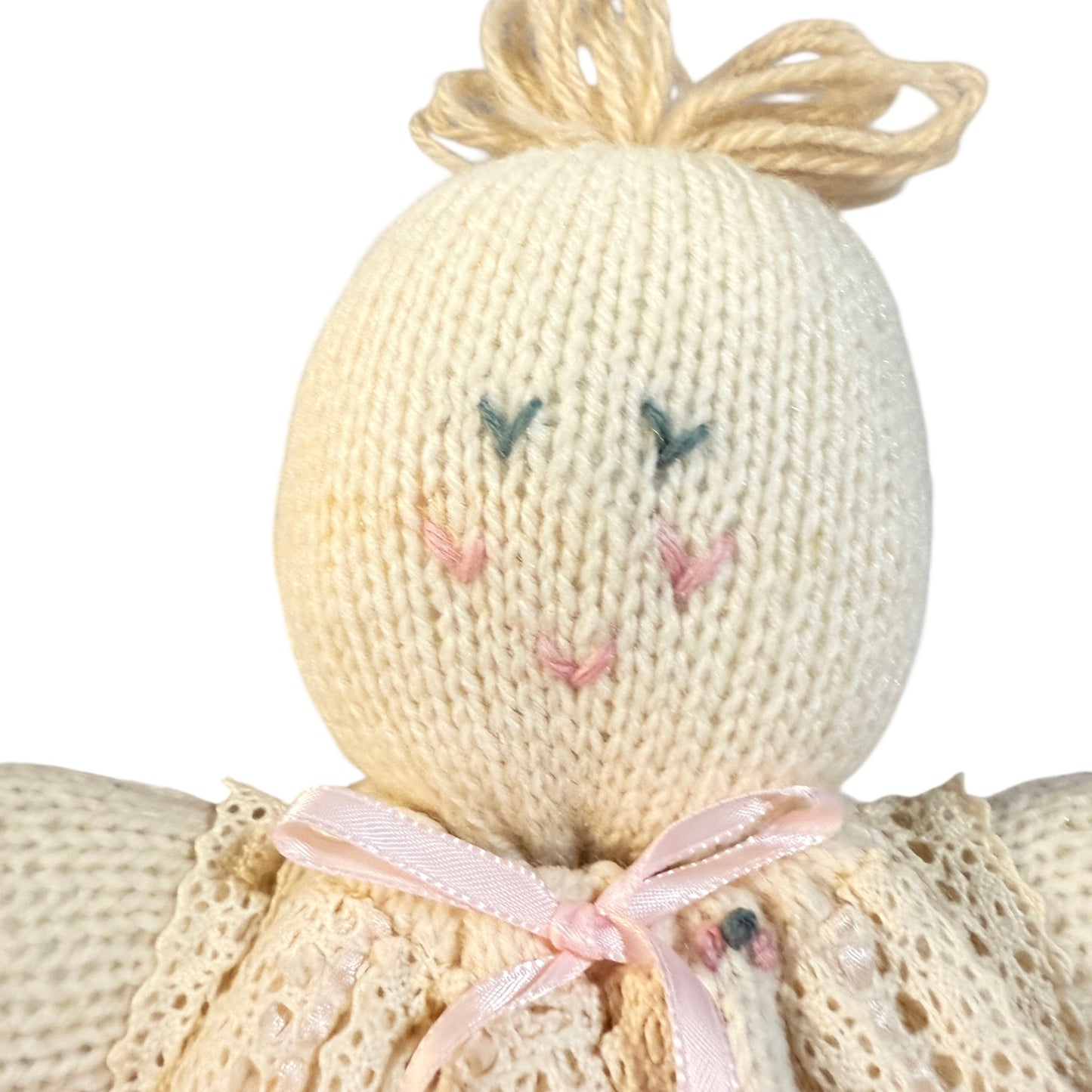 Exquisite Hand Knit Baby Doll in a Dainty Dress with Crocheted Lace, Ribbon & Embroidered Flowers