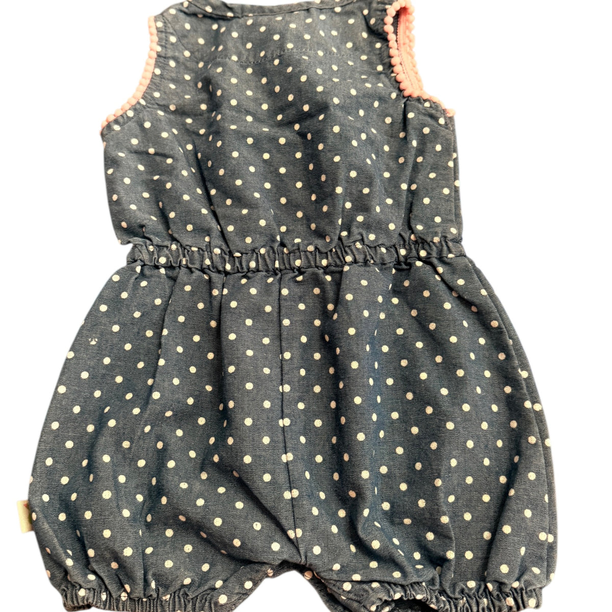 Duck Duck Goose Denim Blue Romper with Pink Polka Dots, Satin Bow and a Pretty Applique