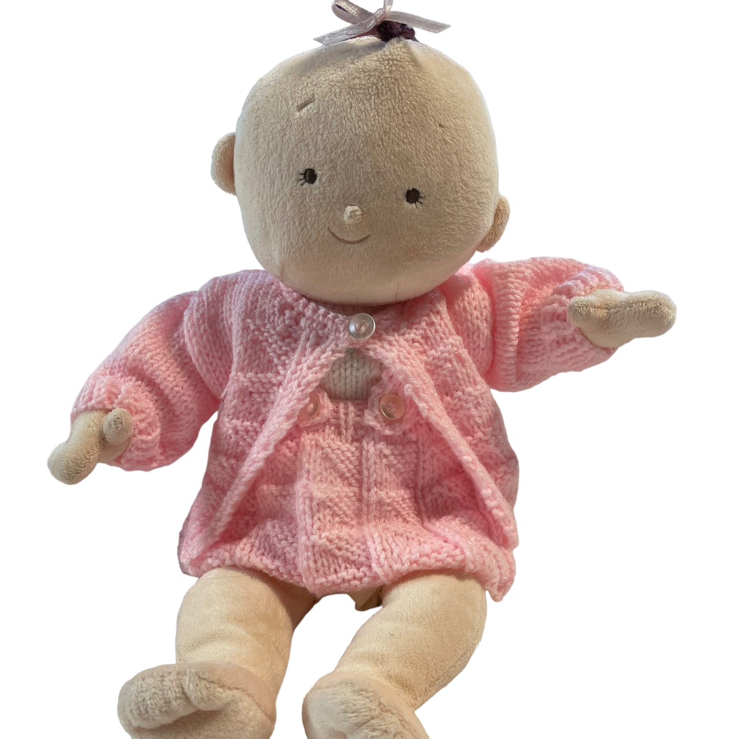 Soft Plush 1st Baby Doll Embroidered Eyes Lovely Hand Knit 3 Piece Outfit- So Sweet!