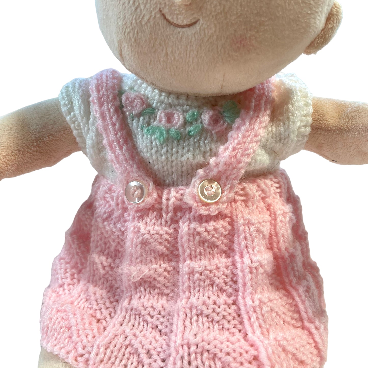 Soft Plush 1st Baby Doll Embroidered Eyes Lovely Hand Knit 3 Piece Outfit- So Sweet!