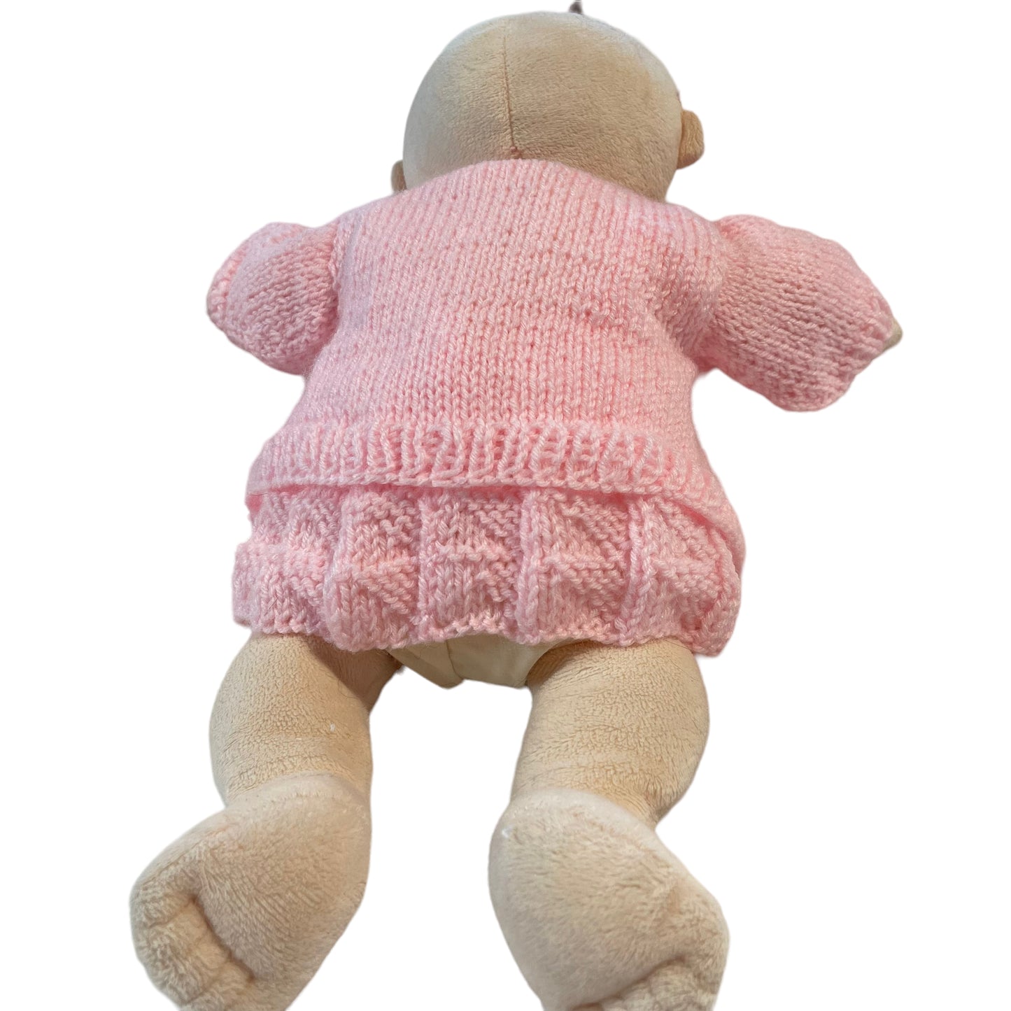 Soft Plush 1st Baby Doll Embroidered Eyes Lovely Hand Knit 3 Piece Outfit- So Sweet!