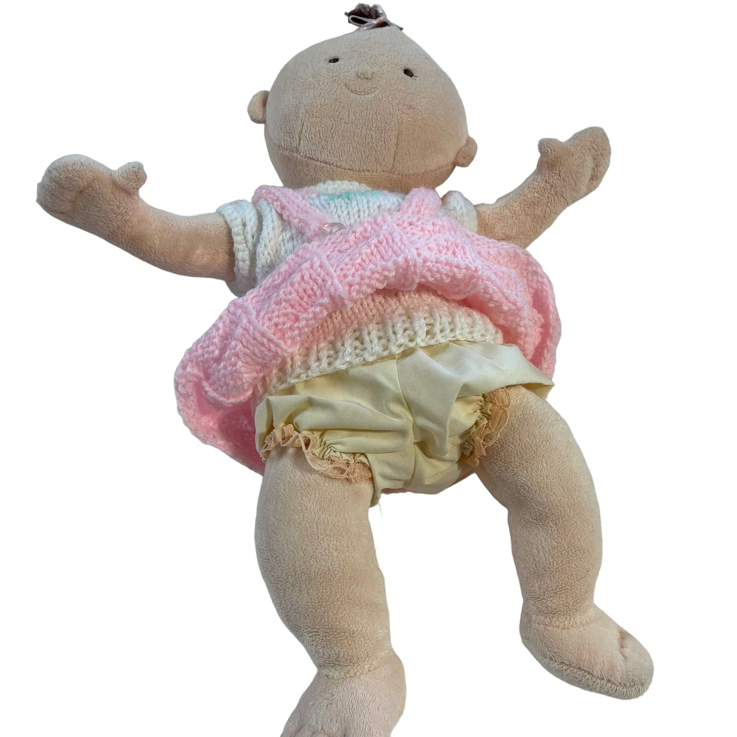 Soft Plush 1st Baby Doll Embroidered Eyes Lovely Hand Knit 3 Piece Outfit- So Sweet!