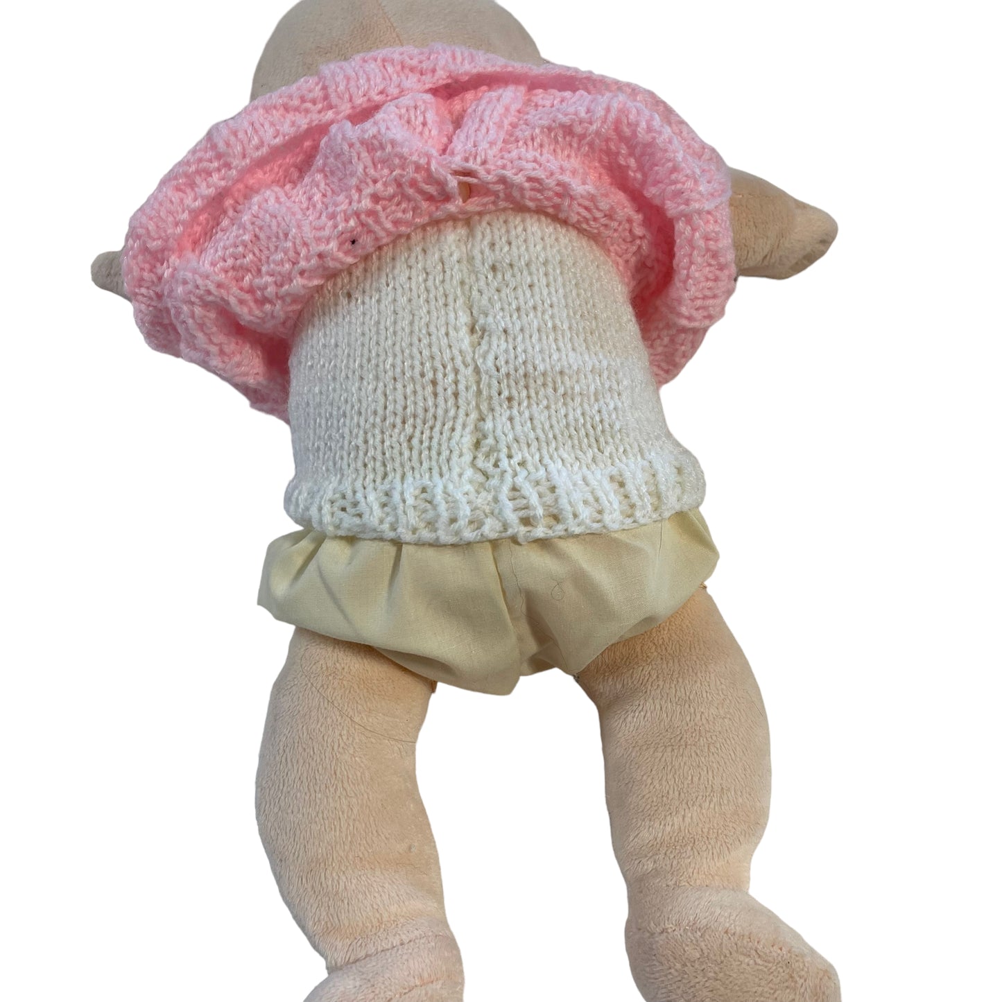 Soft Plush 1st Baby Doll Embroidered Eyes Lovely Hand Knit 3 Piece Outfit- So Sweet!