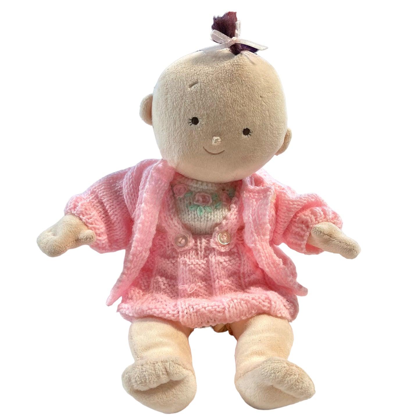 Soft Plush 1st Baby Doll Embroidered Eyes Lovely Hand Knit 3 Piece Outfit- So Sweet!