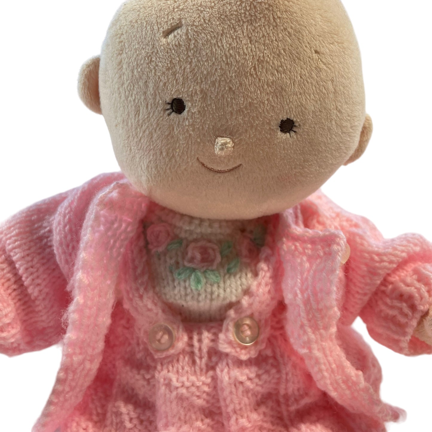 Soft Plush 1st Baby Doll Embroidered Eyes Lovely Hand Knit 3 Piece Outfit- So Sweet!