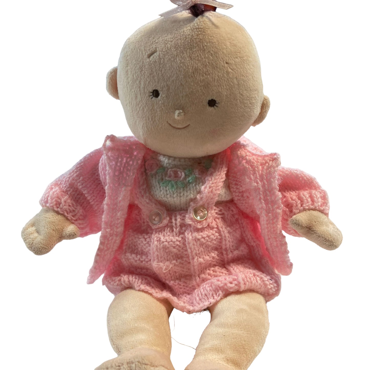 Soft Plush 1st Baby Doll Embroidered Eyes Lovely Hand Knit 3 Piece Outfit- So Sweet!