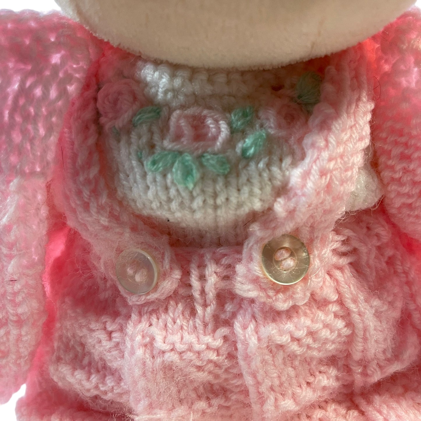 Soft Plush 1st Baby Doll Embroidered Eyes Lovely Hand Knit 3 Piece Outfit- So Sweet!