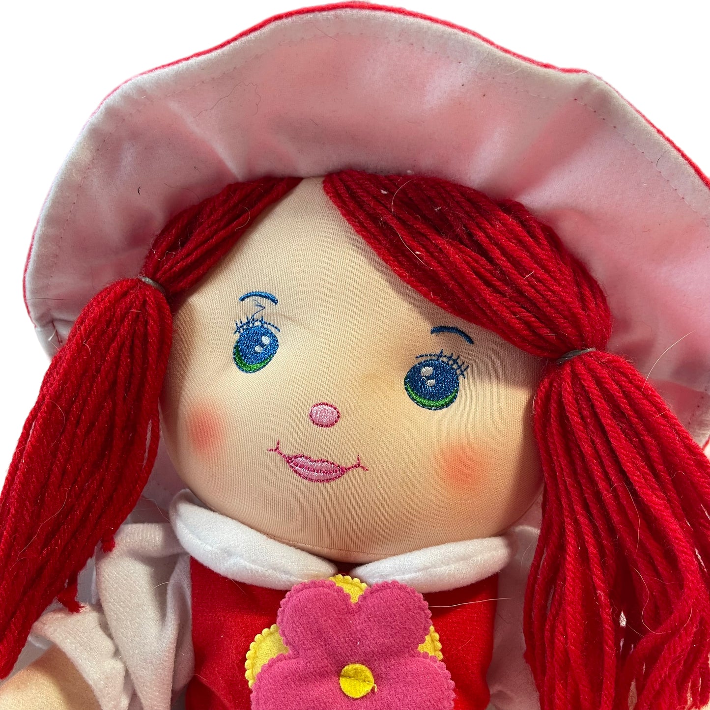 Fabric Plush Doll with Red Yarn Hair & Beautiful Embroidered Blue Eyes. Preowned 20"
