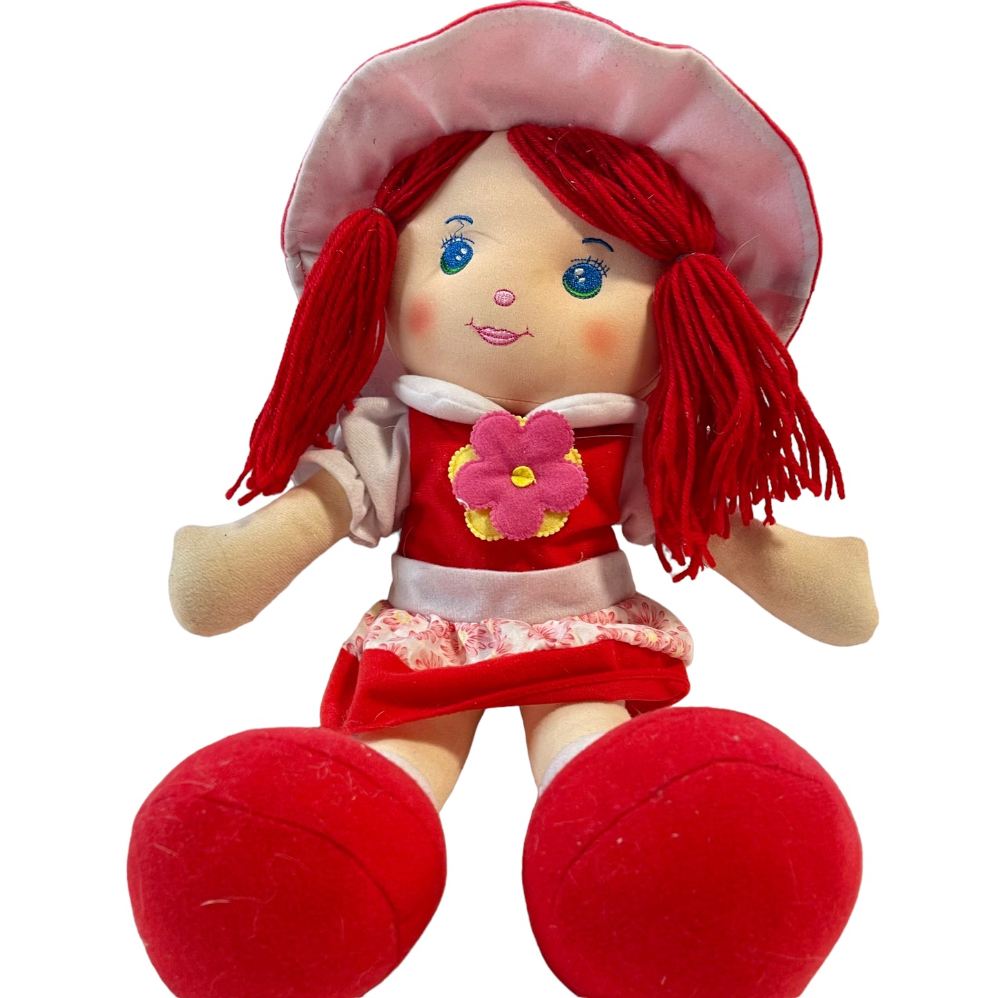 Fabric Plush Doll with Red Yarn Hair & Beautiful Embroidered Blue Eyes. Preowned 20"