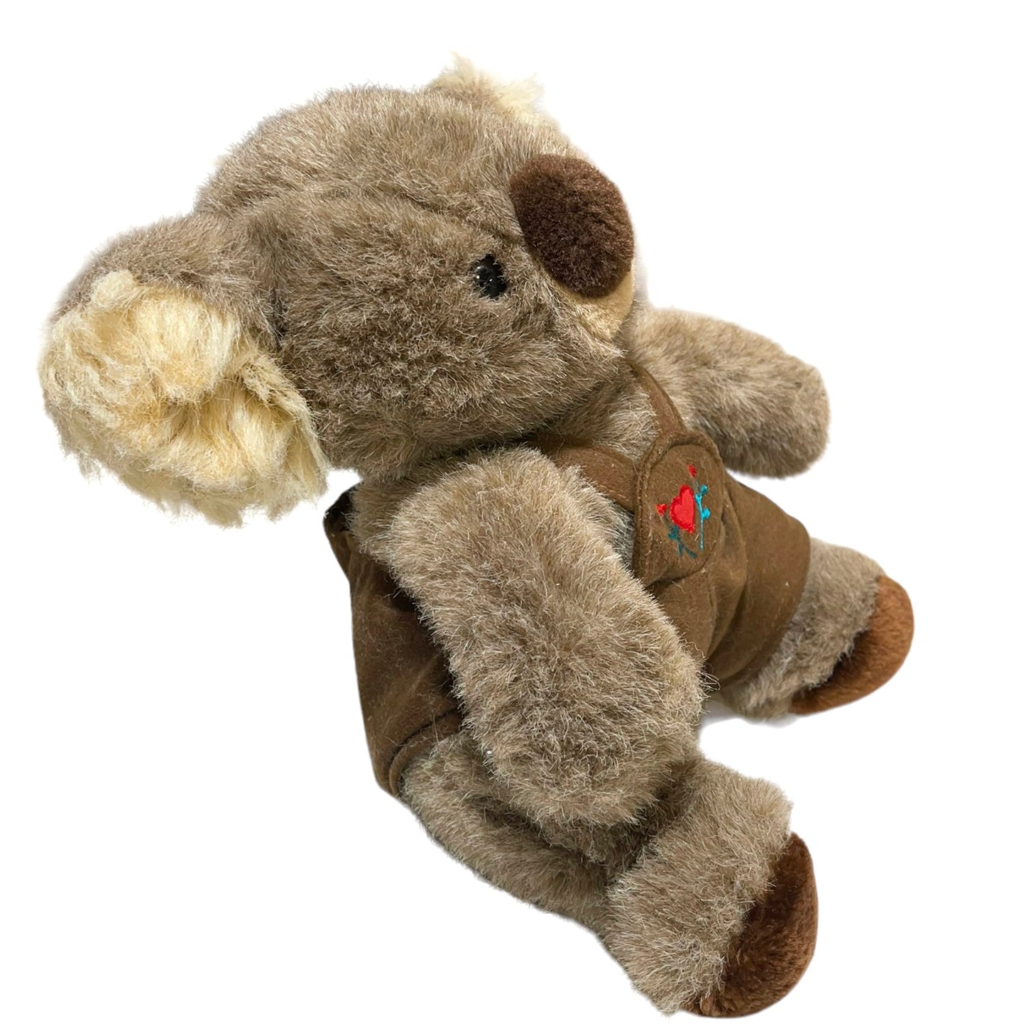 Adorable Vintage 10" Seated Koala Plush, Brown Coveralls with Red Heart & Flowers Applique