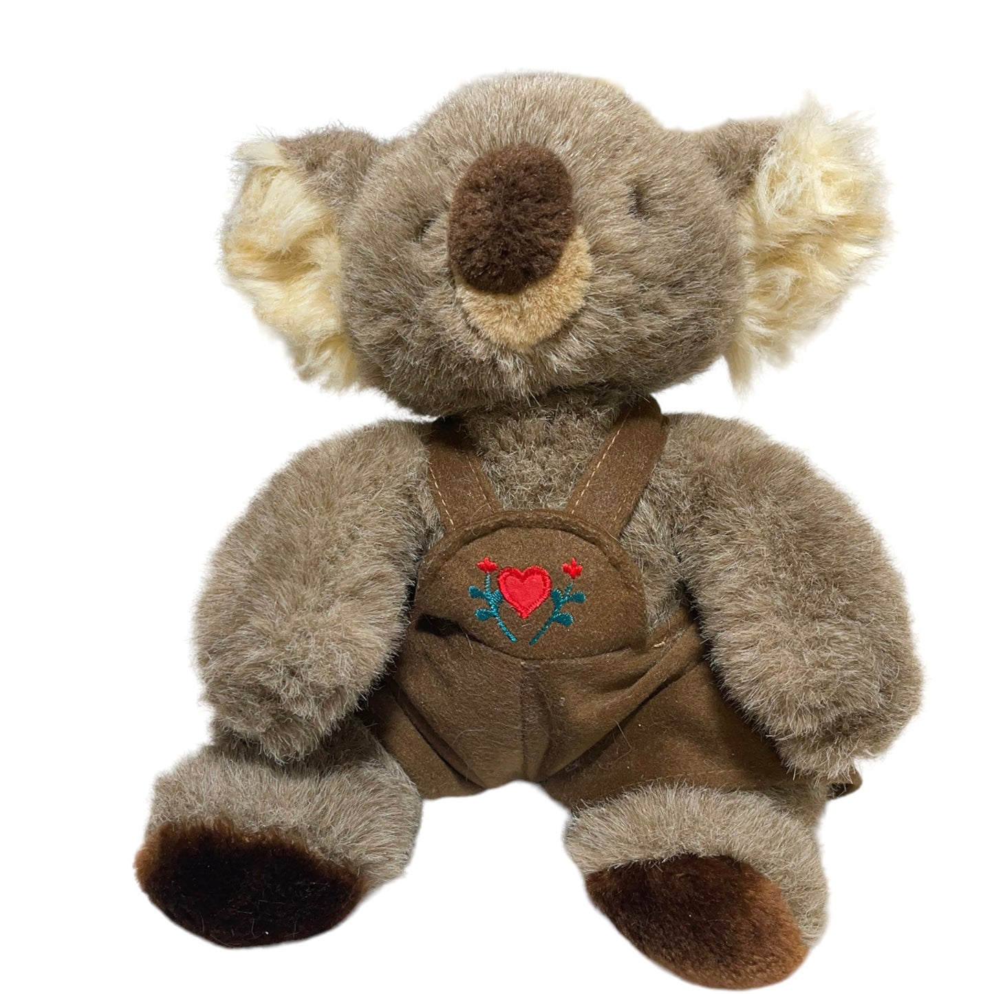 Adorable Vintage 10" Seated Koala Plush, Brown Coveralls with Red Heart & Flowers Applique