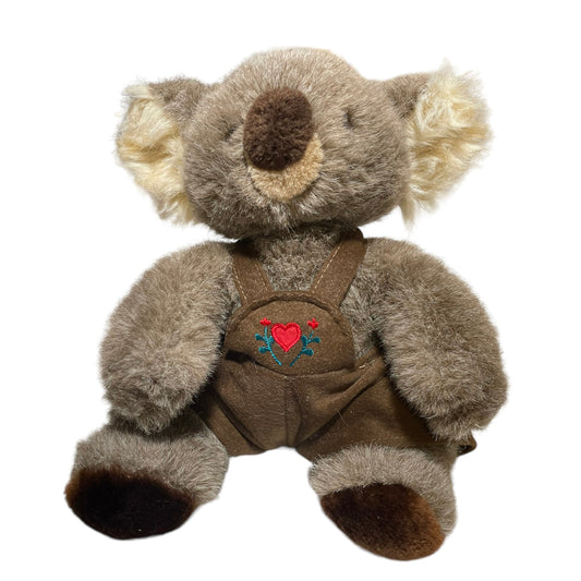 Adorable Vintage 10" Seated Koala  Plush, Brown Coveralls with Red Heart & Flowers Applique