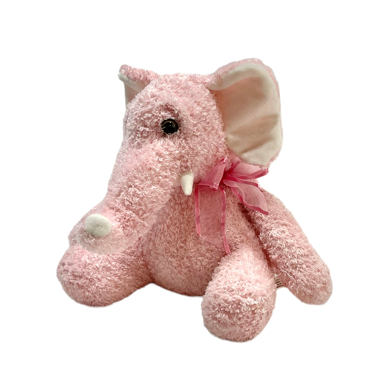 Pink Terry Cloth  9" Stuffed Elephant Elephant, Pretty Gauze Bow & Creamy White Ears & Tusks