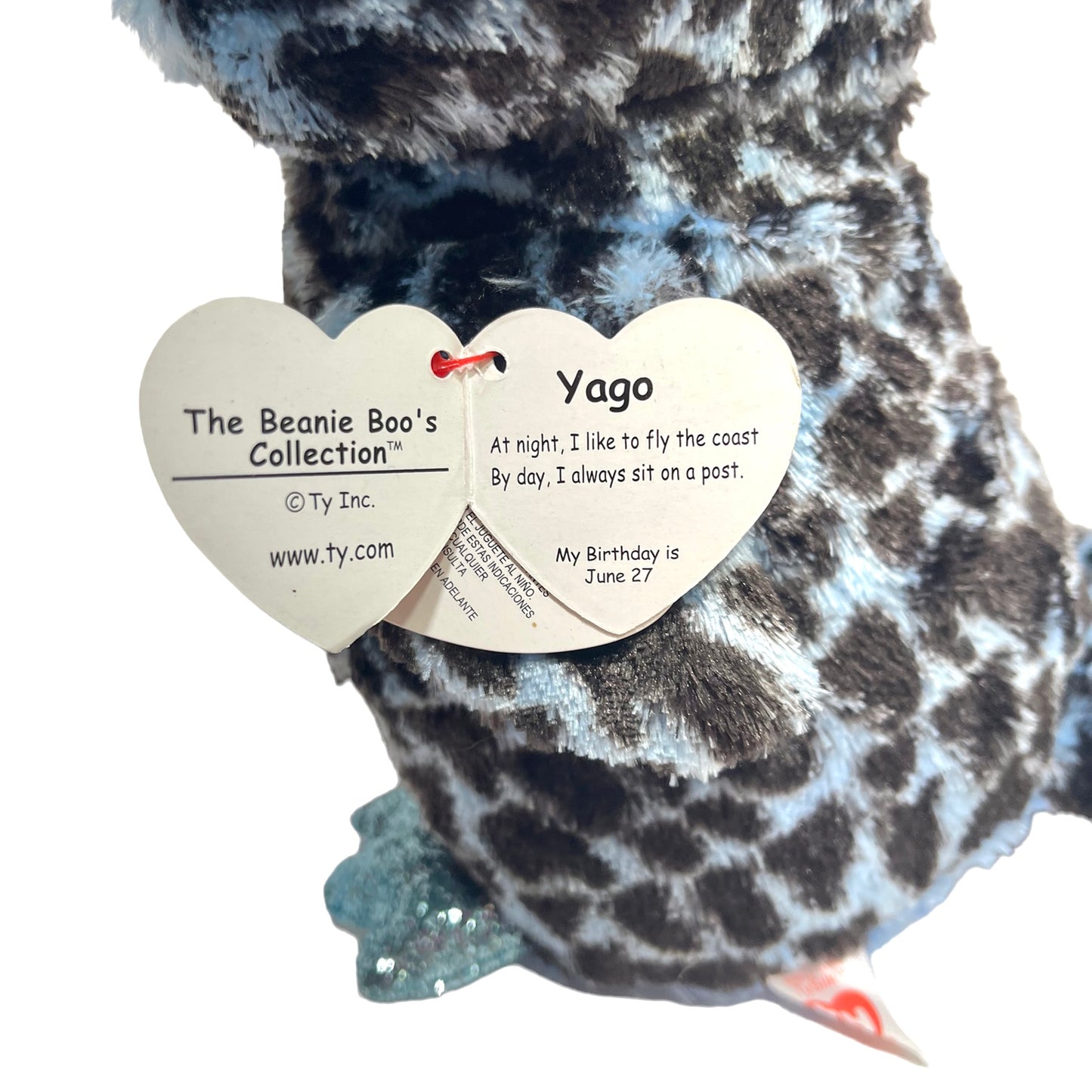 TY 9" Beanie Boo Blue Owl, Yago, has  Brilliant Sparkly Blue Eyes, Beak & Feet, Fluffy & Adorable with Tags