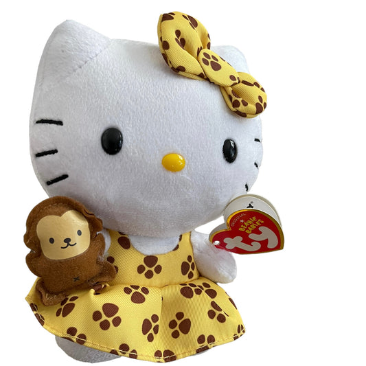 Hello Kitty Plush Stuffed Animal by Sanrio Preowned WT. Yellow Dress & Tiny Monkey!