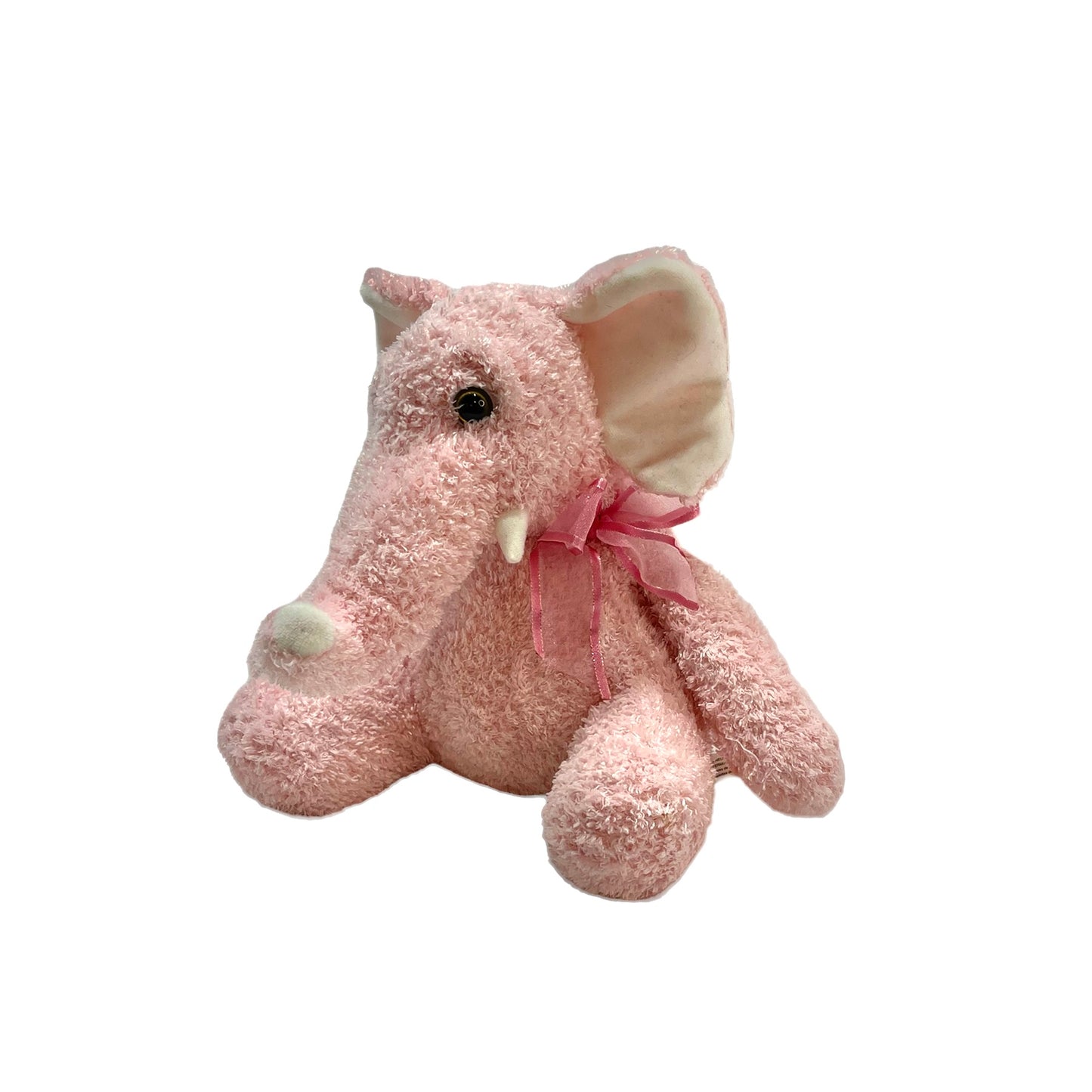 Pink Terry Cloth  9" Stuffed Elephant Elephant, Pretty Gauze Bow & Creamy White Ears & Tusks