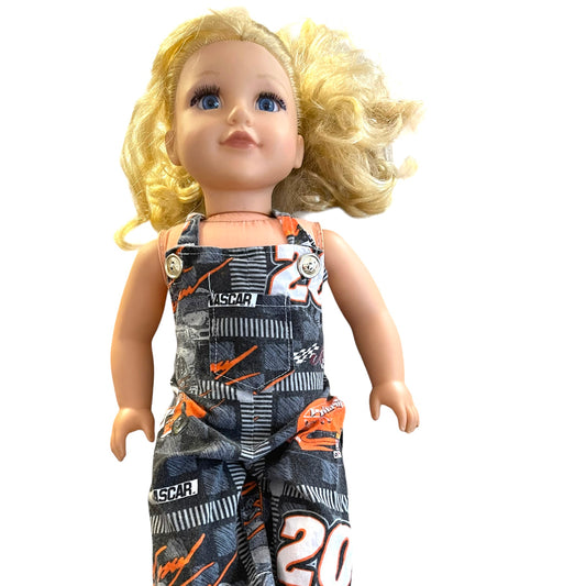 18" Lotus Doll with  Blond Curls, Blue Glass Eyes & Black Lashes-NASCAR COVERALLS