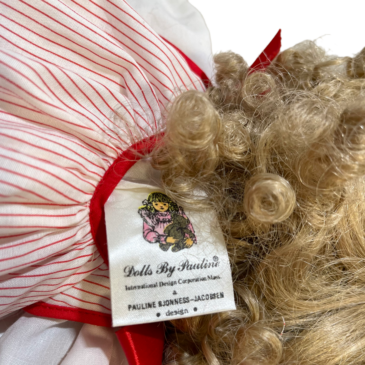 Doll by Pauline, Vintage with Ash Blond Curls & Hand Painted Vinyl Face, Striped Romper