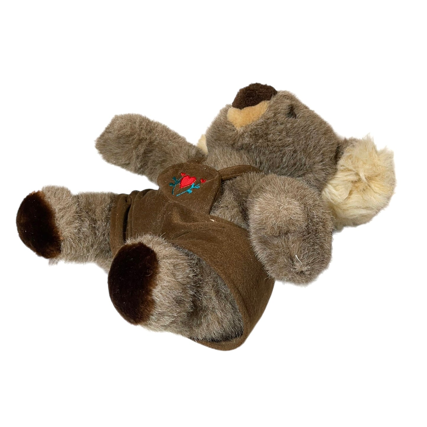 Adorable Vintage 10" Seated Koala Plush, Brown Coveralls with Red Heart & Flowers Applique