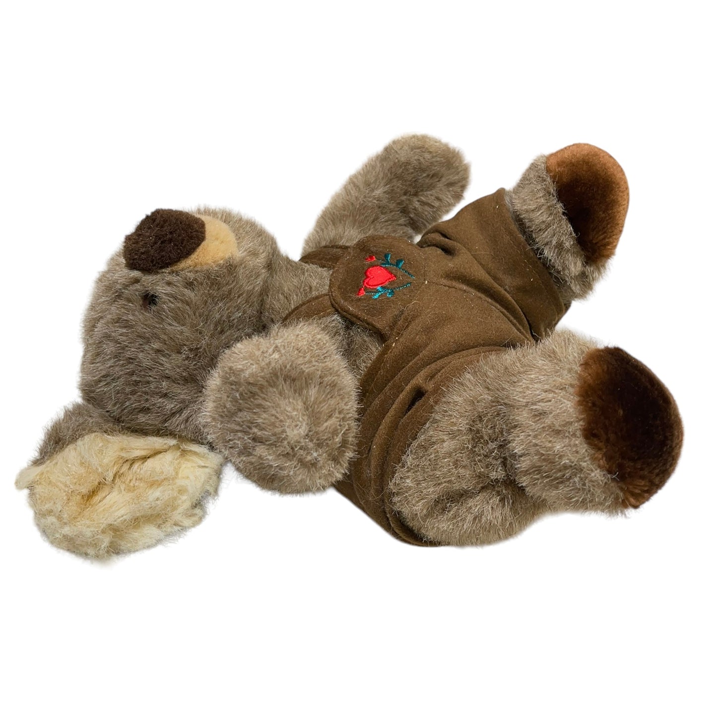 Adorable Vintage 10" Seated Koala Plush, Brown Coveralls with Red Heart & Flowers Applique
