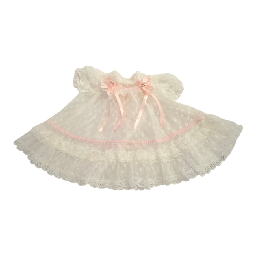 Dainty Vintage Sheer Lace Baby Dress with Pink Satin Ribbons Rosettes