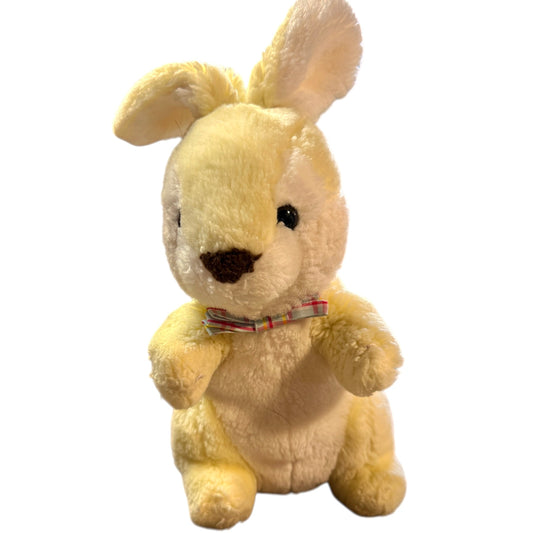 Vintage Yellow & White Standing Rabbit Stuffed Animal Plush, Upright Ears, Plaid Bowtie GVC