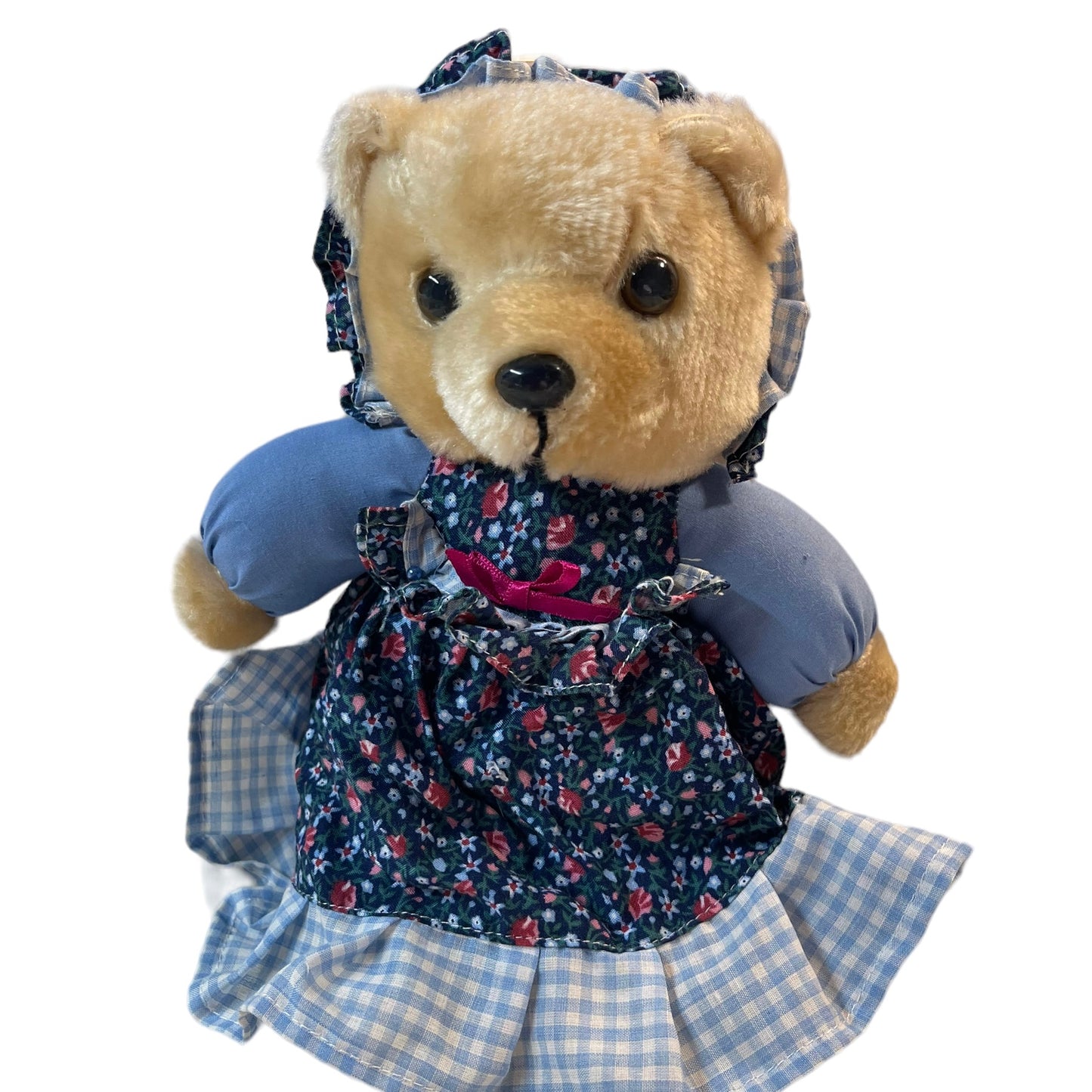 Vintage 10" Teddy Bear in Blue Floral & Gingham Dress and Hat in GUC