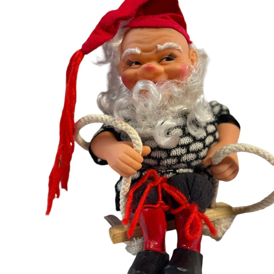 Rubber Faced Vintage Swedish Christmas Elf on a Swing, Flowing White Beard, Gap Toothed Grin