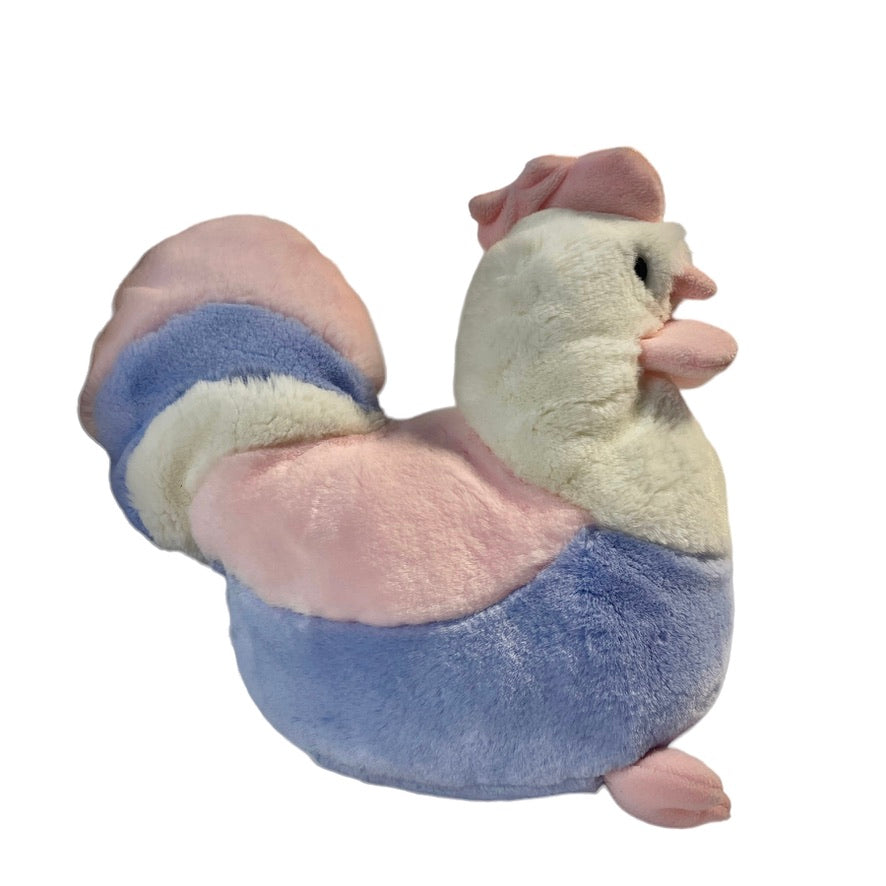 Vintage Stuffed Chicken/Rooster Made in Korea Soft, Fluffy Pastel Pink, Blue and White