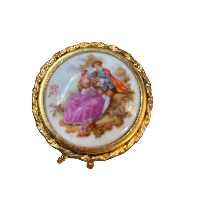 Miniature Hand Painted Limoges Gilt & Porcelain Replacement Table with Courting Couple.