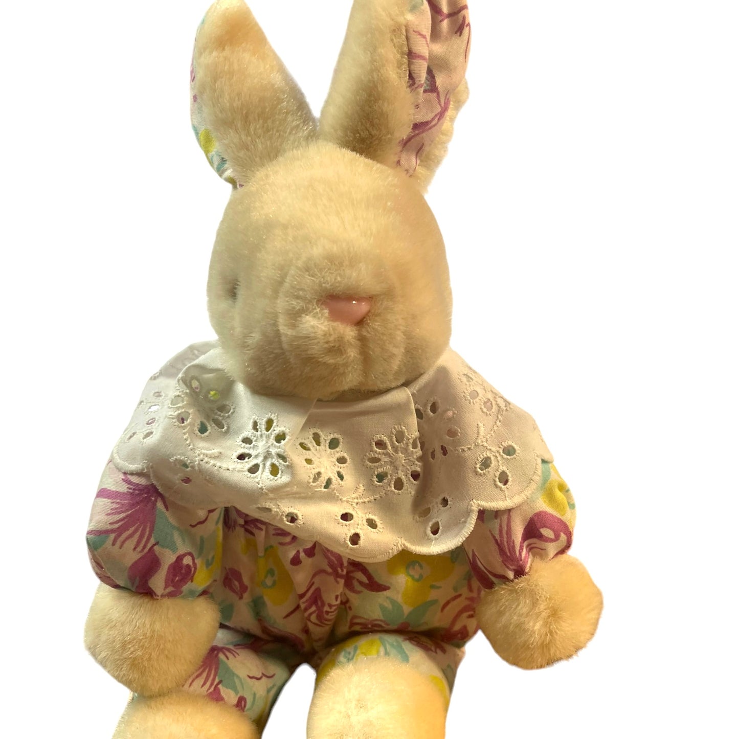 Vintage Bunny Rabbit Plush Floral Ears & Outfit with Eyelet Ruffle Collar GUC