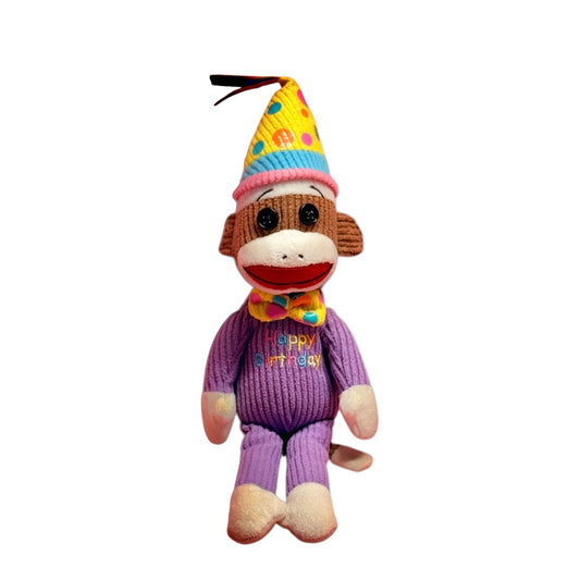 Retired Ty 'Happy Birthday' Sock Monkey, 11", Corduroy Body, Button Eyes, Party Hat & Tie!