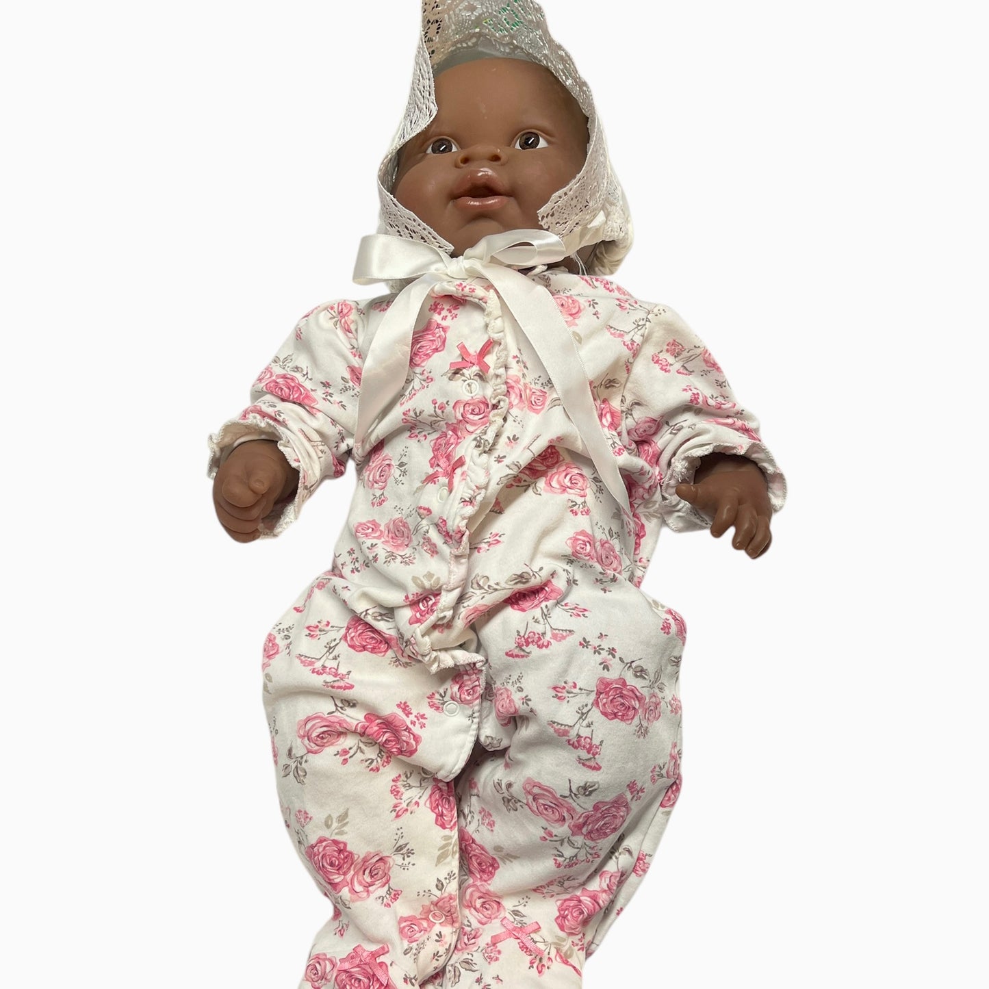 Berenguer African 20" Soft Bodied Baby Doll, Lace Bonnet, Sweet Little Me Floral Sleeper 6M