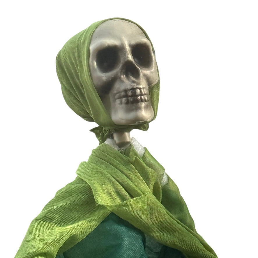 Floating Ghoul,  Skeletal Hands &  Bony Bleached  Skull in Tattered Green Shroud, Preowned