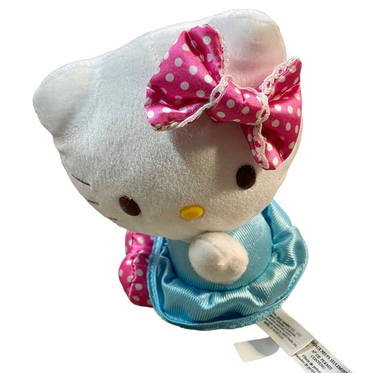 Sanrio 6" Sideways Hello Kitty in Blue Satin Dress, Pink Polka Dot Bow & Shoes