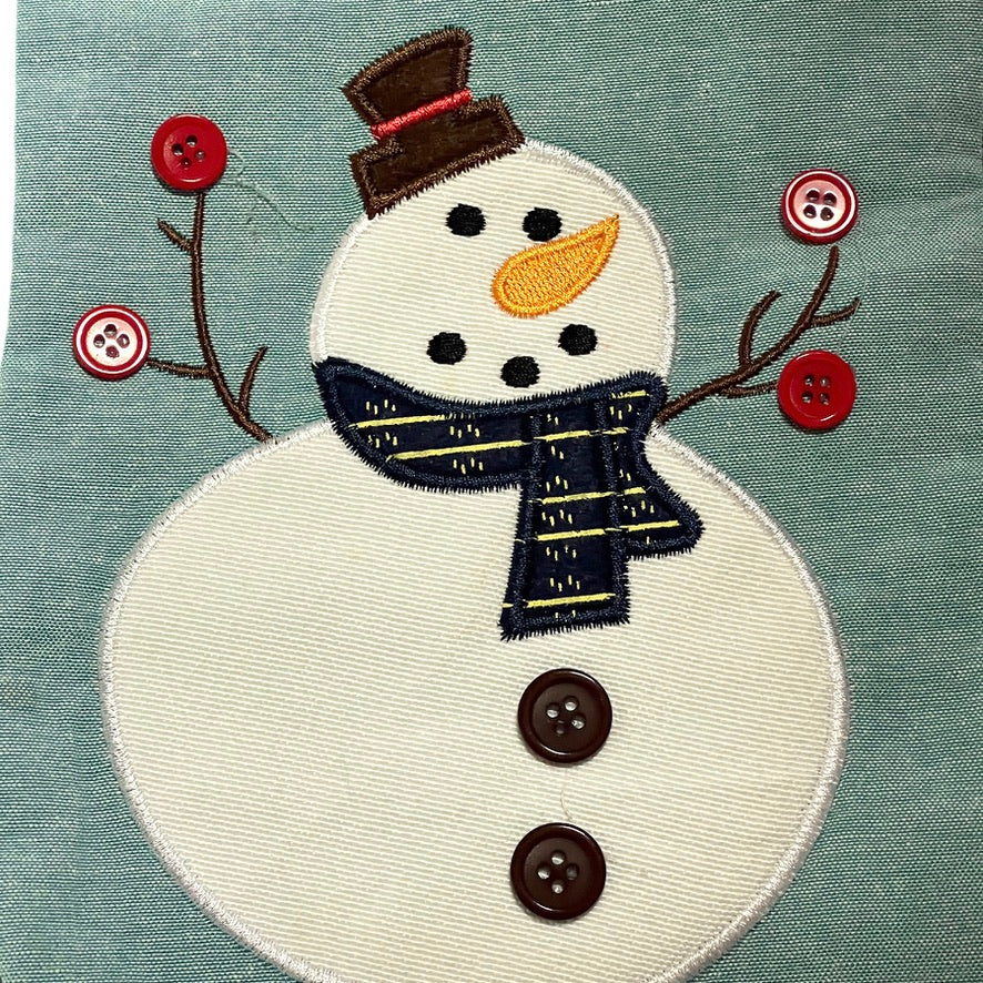 Fabric Christmas Stocking with Appliqued Snowman Complete with Button Accents